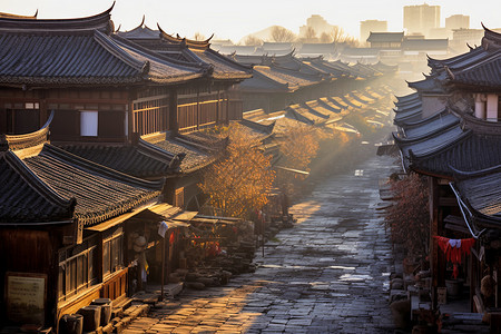 黎明街道古城清晨风景背景