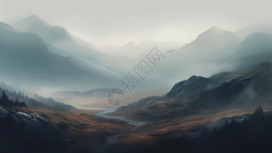 一条小路通向雾蒙蒙的山脉图片