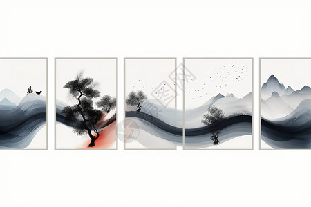 风景客厅装饰画中国风简约背景墙插画