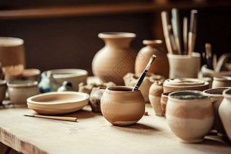 桌上的陶瓷工具高清图片