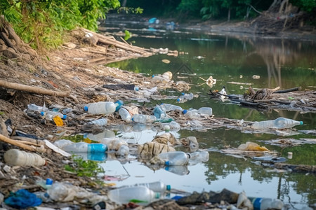 塑料废弃物污染河水高清图片