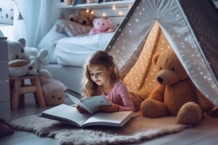 帐篷里看书的小女孩背景图片