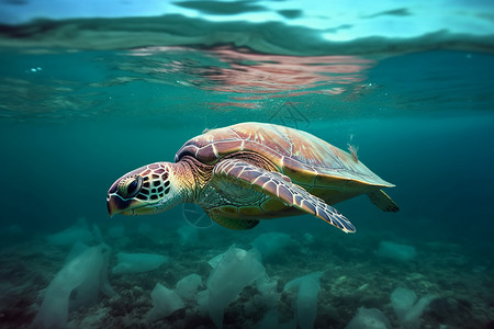 海龟在海洋的塑料袋附近游泳图片