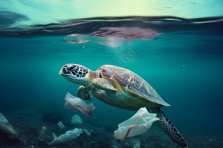 生活在塑料袋垃圾污染环境里的海龟图片
