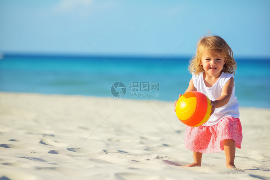 沙滩上玩球的小女孩图片