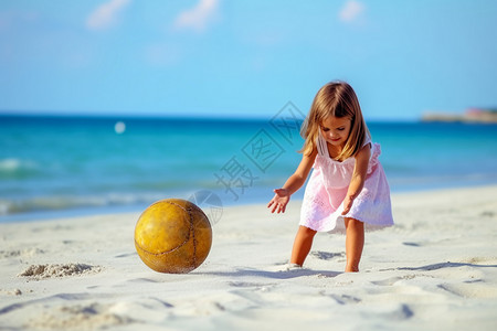 小女孩在沙滩上玩球高清图片