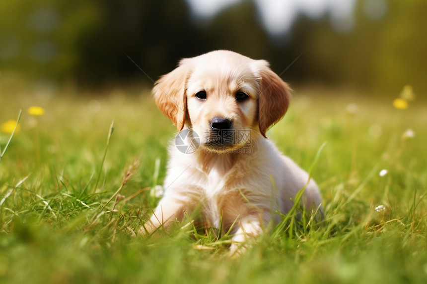 一只可爱的小狗趴在草坪上图片
