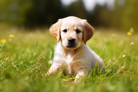 一只可爱的小狗趴在草坪上图片
