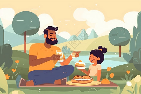 父女在宁静的公园里野餐背景图片