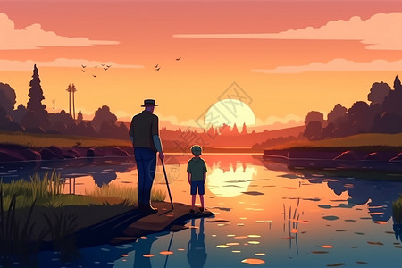 父子俩在河边钓鱼的温馨场景插画