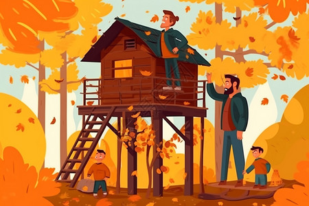 秋天的树屋满是秋叶的后院插画