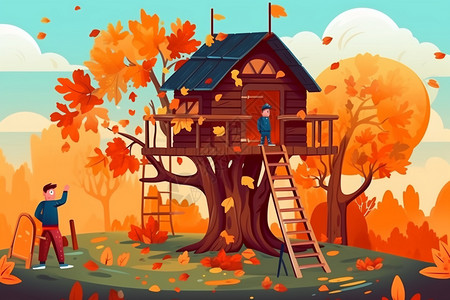 秋天的树屋父亲帮助他的儿子在后院建造了一座树屋插画