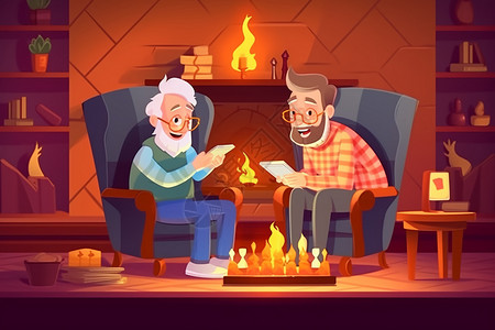 壁炉里的火父亲和儿子在舒适的客厅里在壁炉旁下棋插画