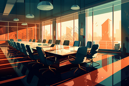 长桌和椅子会议室的侧面视角插画