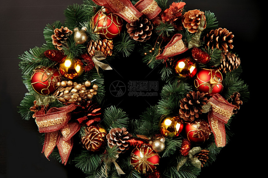 用松果和装饰品装饰的圣诞花环图片