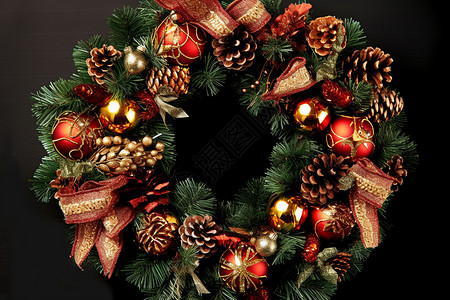 用松果和装饰品装饰的圣诞花环背景图片