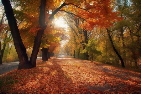 在路唯美素材立秋树叶在秋天的公园背景