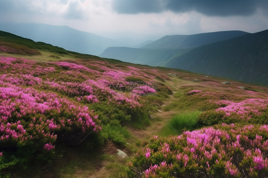 山地景观与粉红色的杜鹃花图片