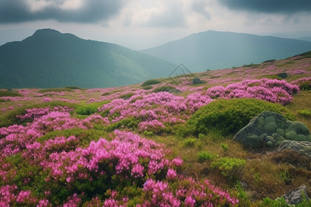 山地灌木素材山地景观与一大片粉红色的杜鹃花背景