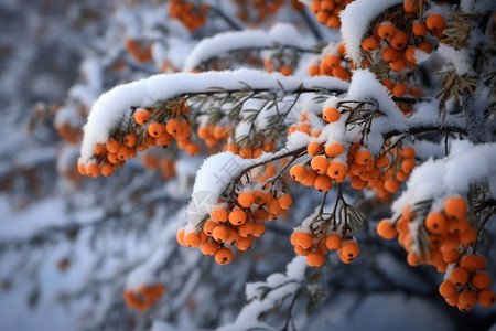 霜降节气画冬天沙棘枝和雪背景