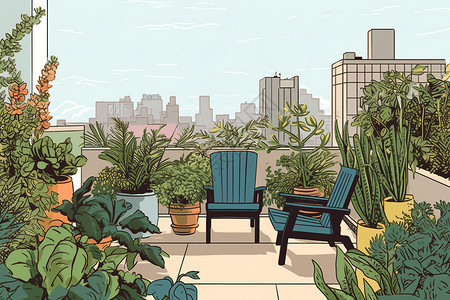 大楼阳台艺术画廊大楼的露台花园的景色插画