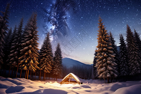 冬日星空下的云杉树林图片