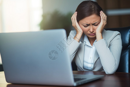 在笔记本电脑前头痛的女人图片
