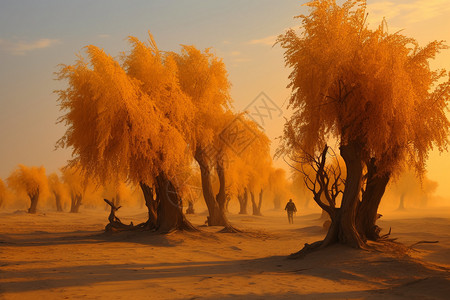 沙漠中的胡杨日落时的沙漠沙尘插图插画
