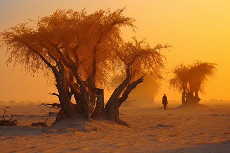 沙漠中的胡杨自然界中的沙尘景观插画