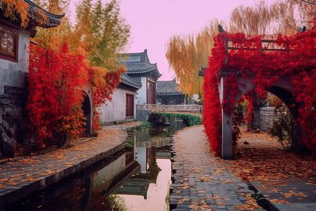 秋天的江南古镇美丽景观背景图片