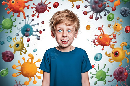 被打的孩子被细菌包围的男孩设计图片