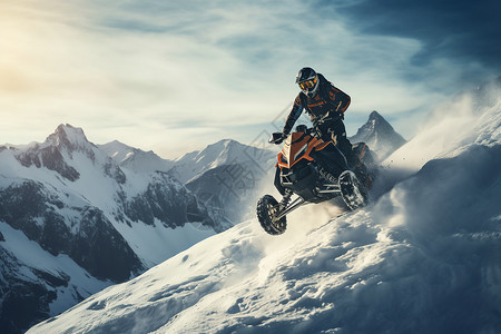 雪山中驾驶的雪地摩托图片