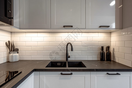 铝水盆厨房台面的黑色水盆设计图片