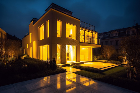 灯火透明带游泳池的现代别墅背景