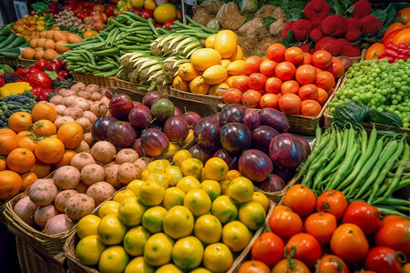 市场上五颜六色的蔬菜和水果图片