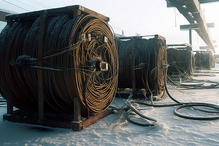 冬季雪地上的电线电缆图片