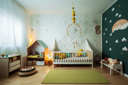 儿童壁纸育婴房的内部场景设计图片