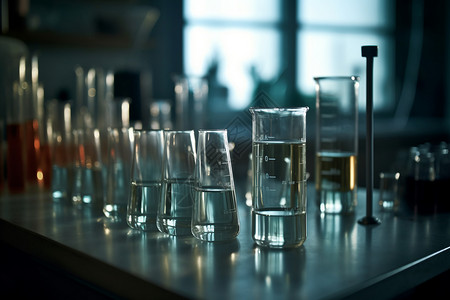实验室工作台操作台上的玻璃器皿背景