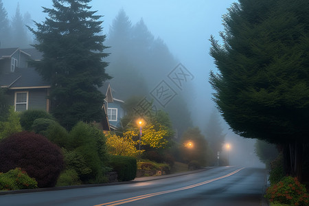 被迷雾笼罩的别墅区高清图片
