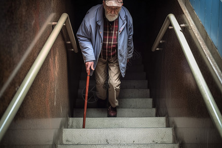 拄拐的老人在爬楼梯背景图片