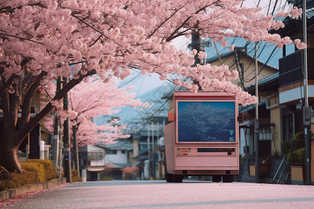 户外的樱花和列车图片