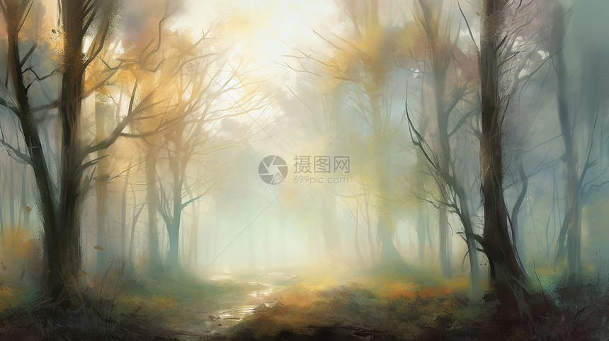 黎明时迷雾森林的插画图片