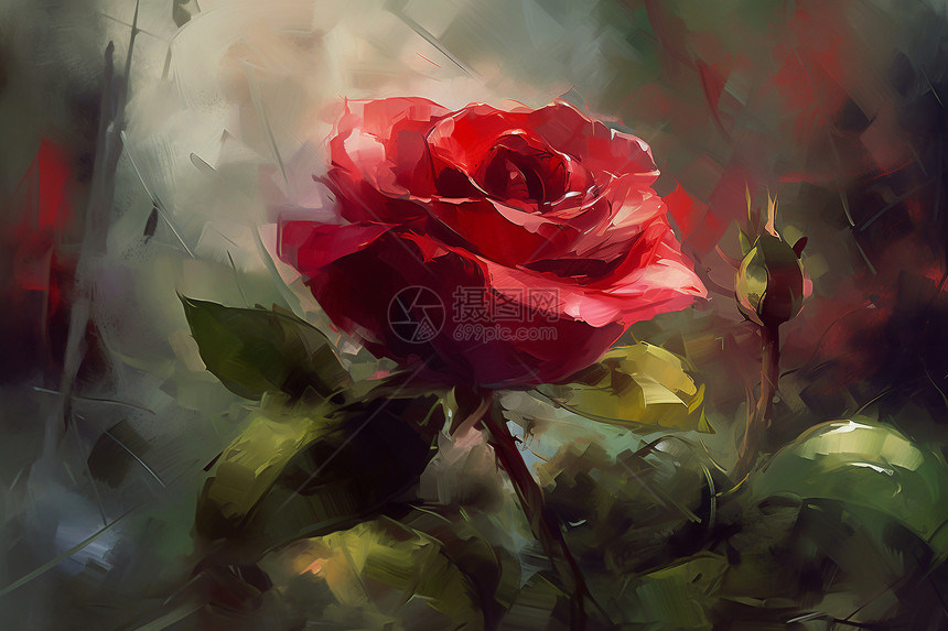 红玫瑰的油画图片