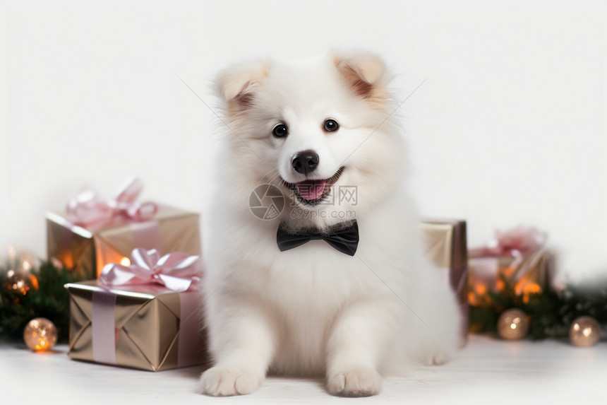 白色的小狗和圣诞装饰图片