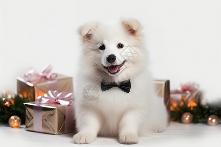 白色的小狗和圣诞装饰背景图片