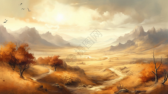 秋季沙漠唯美的秋季景观插画