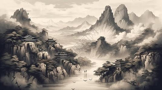 水墨中式风景画图片