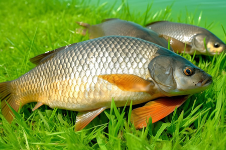 三生物素材淡水鱼鲫鱼躺在绿草上背景
