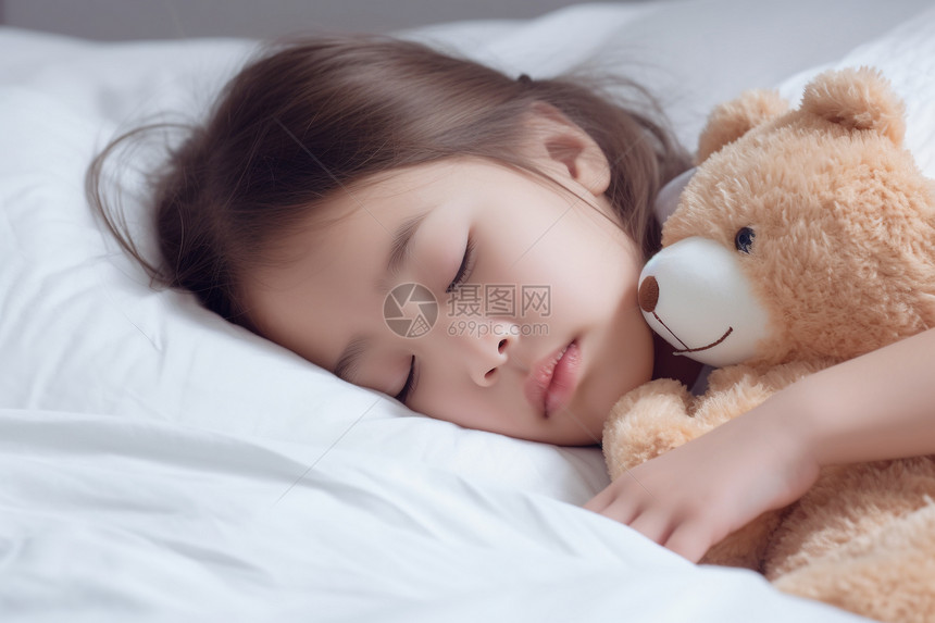 拥抱泰迪熊入睡的女孩图片