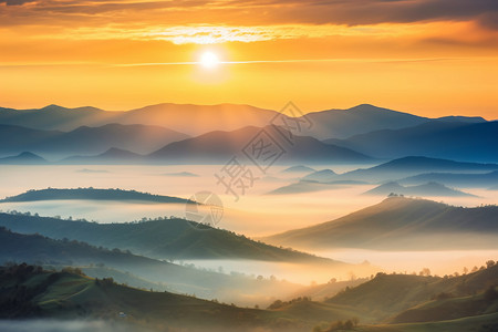 云雾朦胧的山间日出景观图片